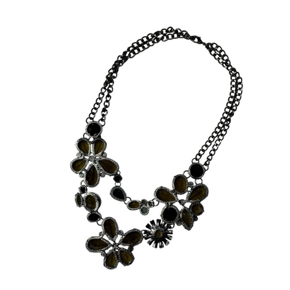 Large Flowers Faceted Rhinestone Faux Stone Silver Tone Statement Boho Necklace - Picture 3 of 14